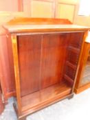 AN EDWARDIAN MAHOGANY AND INLAID OPEN FRONT ADJUSTABLE SHELF BOOKCASE. W.98 x D.30 x H.118cms.