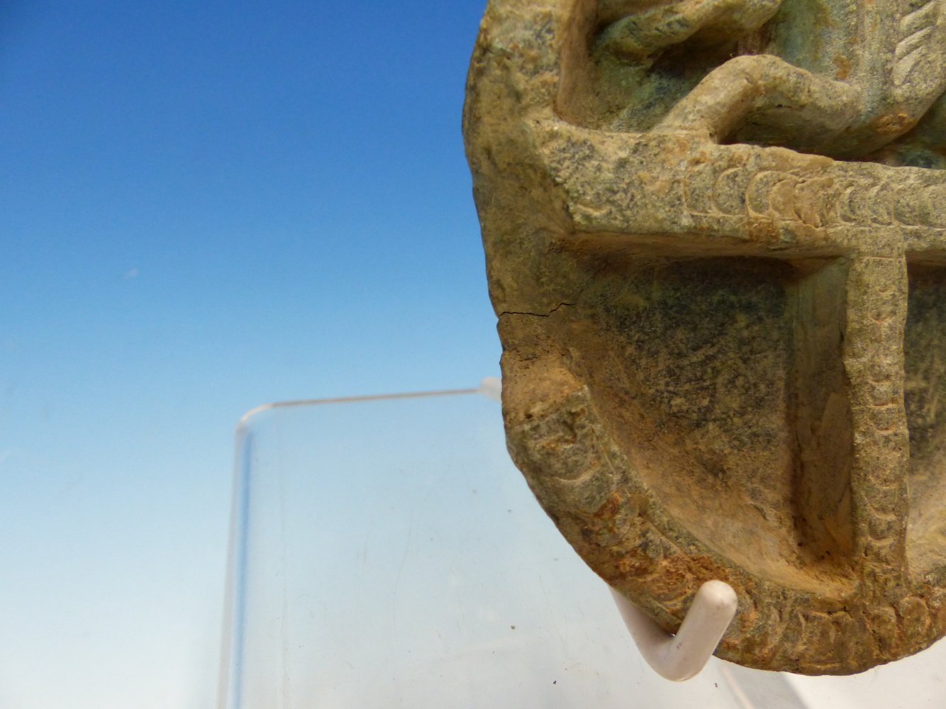 A GREEN SOAPSTONE ROUNDEL CARVED IN RELIEF WITH A DRAGON ON A T BAR. Dia 11.5cms. A DIAMOND SHAPED - Image 8 of 11