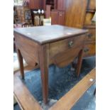 A 19th C. BEDSIDE TABLE, THE RECTANGULAR TOP OVER A DRAWER AND ROUND ARCH APRONS BETWEEN THE