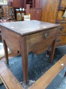 A 19th C. BEDSIDE TABLE, THE RECTANGULAR TOP OVER A DRAWER AND ROUND ARCH APRONS BETWEEN THE