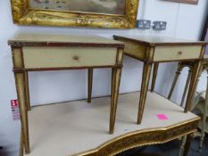 A PAIR OF NEOCLASSICAL STYLE PAINTED END TABLES WITH FRIEZE DRAWERS.