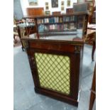 A SMALL ANTIQUE ORMOLU MOUNTED ROSEWOOD REGENCY STYLE MIRROR BACK SIDE CABINET, GRILL DOOR