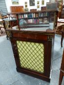 A SMALL ANTIQUE ORMOLU MOUNTED ROSEWOOD REGENCY STYLE MIRROR BACK SIDE CABINET, GRILL DOOR