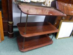 A 19th.C.MAHOGANY AND BRASS MOUNTED CAMPAIGN TYPE THREE TIER DUMB WAITER WITH BRASS GALLERY BACK.