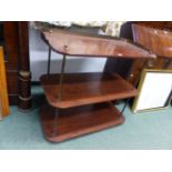 A 19th.C.MAHOGANY AND BRASS MOUNTED CAMPAIGN TYPE THREE TIER DUMB WAITER WITH BRASS GALLERY BACK.