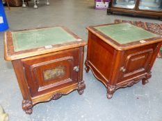 A PAIR OF FRENCH MAHOGANY MARBLE LINED BEDSIDE CABINETS. W.41 x D.36 x H.42cms.