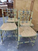 A SET OF FOUR GREEN PAINTED RUSH SEATED CHAIRS, THE SIMULATED BAMBOO BACKS DETAILED IN TURQUOISE AND