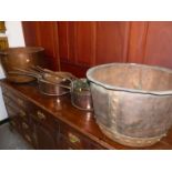 TWO COPPER COPPERS TOGETHER WITH A GRADUATED SET OF FOUR SAUCEPANS, ONE LID AND ANOTHER SET OF THREE