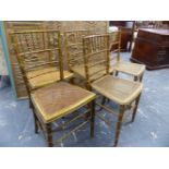 A SET OF 19th.C.FAUX BAMBOO GILT DECORATED SIDE CHAIRS WITH CANE SEATS.
