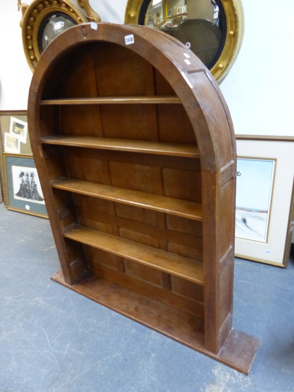 AN ARTS AND CRAFTS ACORN MAN OAK PANEL BACK ARCHED TOP BOOKCASE WITH ADZE FINISH. W.93 x D.17 x H. - Image 6 of 14
