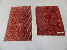 TWO ANTIQUE TURKOMAN RUG BAG FACES. 117 x 73cms, 104 x 80cms (2).