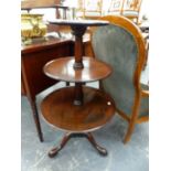 A 19th C. MAHOGANY DUMB WAITER WITH THREE GRADUATED DISHED TIERS, THE TRIPOD WITH PAD FEET, THE