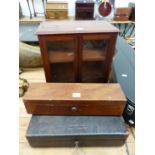 A VINTAGE DOCUMENT BOX, A MAHOGANY FITTED VELVET LINED BOX AND A SMALL TABLE CABINET.