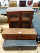 A VINTAGE DOCUMENT BOX, A MAHOGANY FITTED VELVET LINED BOX AND A SMALL TABLE CABINET.