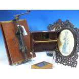 A DOWNIES PATENT MAHOGANY BOOK PRESS, A COLLECTORS BOX WITH SLIDE OFF LID. W 40.5cms. TWO OVAL