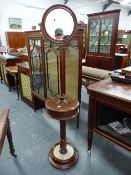 A STYLISH VICTORIAN MAHOGANY AND BRASS ADJUSTABLE SHAVING STAND. CIRCULAR MIRROR ABOVE CANDLE