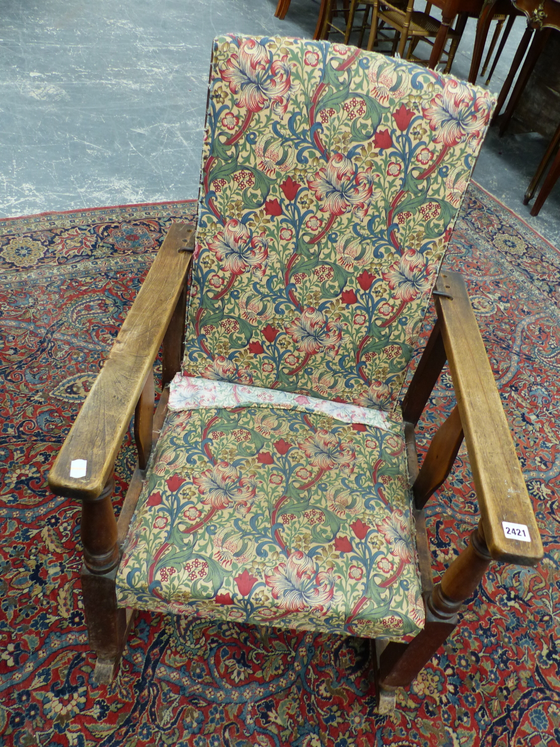 A MORRIS TYPE RECLINING BACK ROCKING ARMCHAIR. - Image 4 of 4