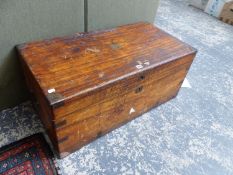 A CAMPHOR WOOD CAMPAIGN TRUNK, THE CORNERS BOUND BY BRASS STRAPS, BRASS HANDLES AT EACH END. W 90