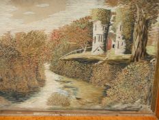 A SILK WORK PICTURE OF RIVERSIDE TOWERS, THE BIRDS EYE MAPLE FRAME. 38 x 47cms. TOGETHER WITH AN