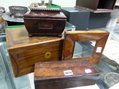 A ROSEWOOD MONEY BOX, A ROSEWOOD GLOVE BOX, A BIRDS EYE MAPLE MINIATURE FRAME TOGETHER WITH A WALNUT