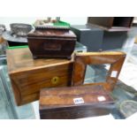 A ROSEWOOD MONEY BOX, A ROSEWOOD GLOVE BOX, A BIRDS EYE MAPLE MINIATURE FRAME TOGETHER WITH A WALNUT