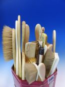 A COLLECTION OF IVORY AND SHAGREEN HANDLED DRESSING TABLE BRUSHES, HAND MIRRORS AND OTHER ITEMS.