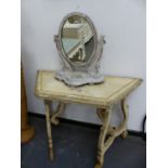 GREY BANDED CREAM CONSOLE TABLE. W 118 x D 51 x H 78cms. TOGETHER WITH A VICTORIAN OVAL DRESSING
