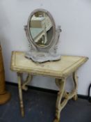 GREY BANDED CREAM CONSOLE TABLE. W 118 x D 51 x H 78cms. TOGETHER WITH A VICTORIAN OVAL DRESSING