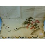 A JAPANESE WHITE SILK PANEL EMBROIDERED WITH CRANES IN SHALLOW WATER AND FLYING ABOUT ISLANDS