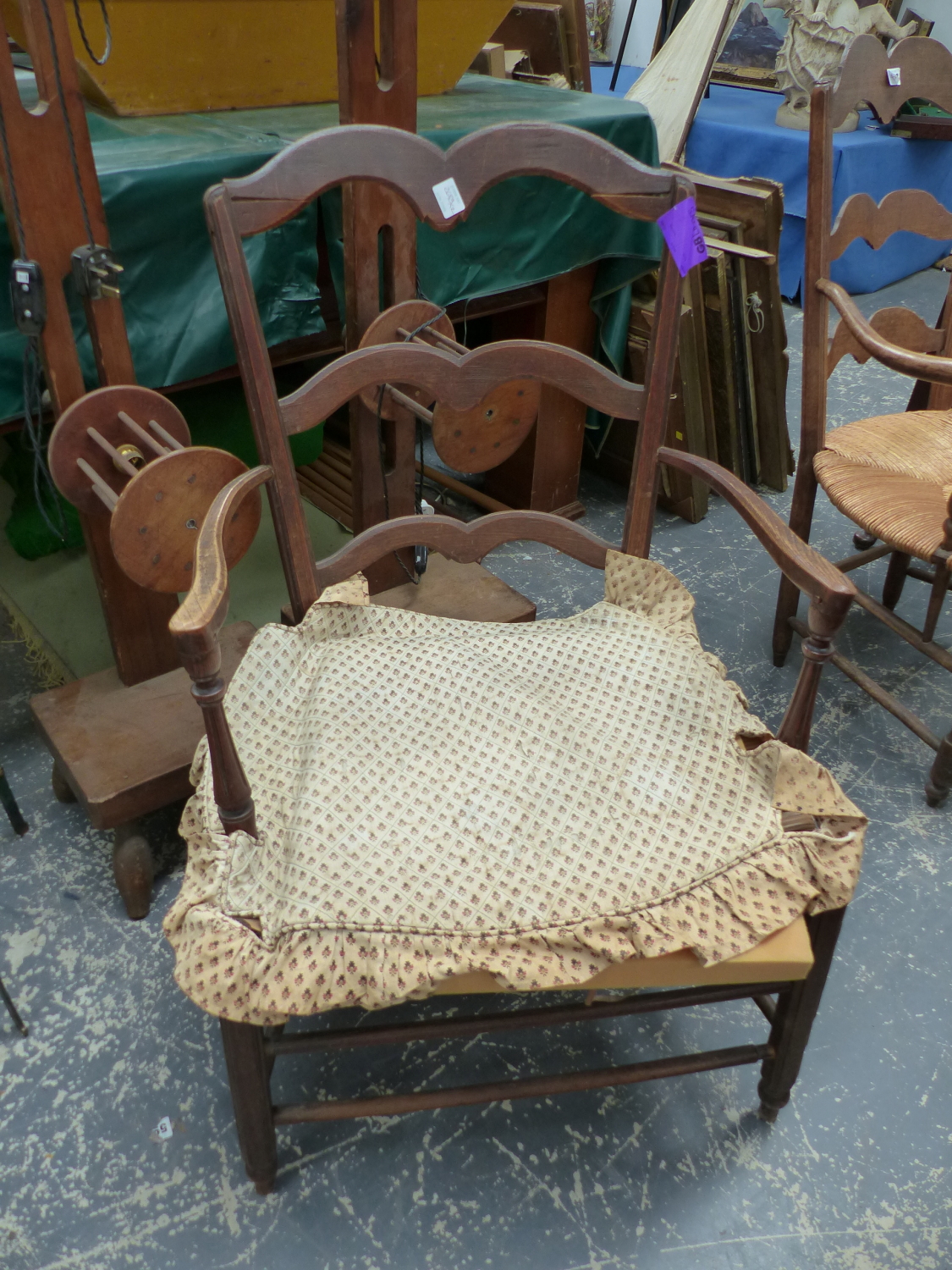 TWO FRENCH RUSH SEATED LADDER BACK ARMCHAIRS. - Image 2 of 5