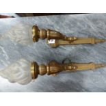 A PAIR OF VINTAGE HEAVY BRASS WALL LIGHTS WITH FROSTED FLAME FORM SHADES H. 62cms (2).
