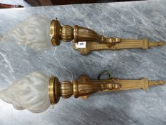 A PAIR OF VINTAGE HEAVY BRASS WALL LIGHTS WITH FROSTED FLAME FORM SHADES H. 62cms (2).