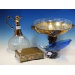 A CHROME MOUNTED GLASS CLARET JUG, A CIGARETTE BOX, AN ART DECO GLASS LINED TWO HANDLED TAZZA AND