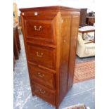 A BRIGHTS OF NETTLEBED ORIENTAL HARDWOOD CHEST OF FOUR BRASS HANDLED FILE DRAWERS. W 53 x D 61 x H