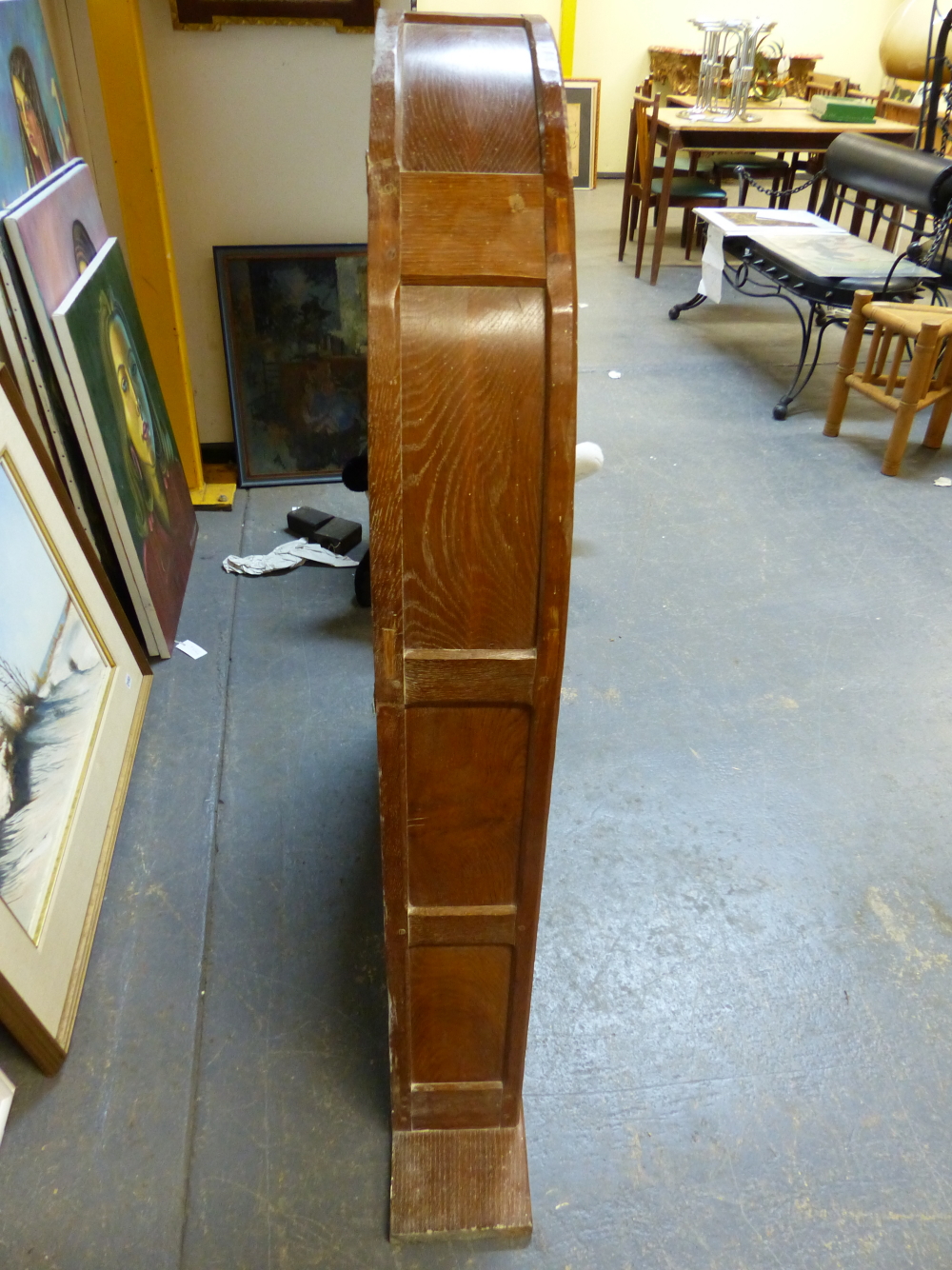 AN ARTS AND CRAFTS ACORN MAN OAK PANEL BACK ARCHED TOP BOOKCASE WITH ADZE FINISH. W.93 x D.17 x H. - Image 8 of 14