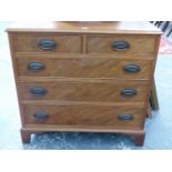 AN ANTIQUE AND LATER MAHOGANY SMALL CHEST OF TWO SHORT AND THREE LONG DRAWERS ON BRACKET FEET. W.