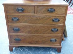 AN ANTIQUE AND LATER MAHOGANY SMALL CHEST OF TWO SHORT AND THREE LONG DRAWERS ON BRACKET FEET. W.