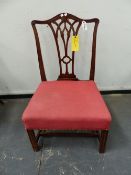 A CARVED MAHOGANY GEORGIAN CHAIR WITH PIERCED GOTHIC STYLE BACK SPLAT, MOULDED STRAIGHT LEGS.