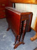 AN EDWARDIAN MAHOGANY SUTHERLAND TABLE, THE RECTANGLAR FLAPS WITH CANTED CORNERS, THE TWIN COLUMN