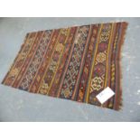 AN ANTIQUE TRIBAL KELIM RUG. 228 x 145cms.