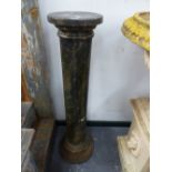 A SIMULATED GREEN MARBLE CYLINDRICAL COLUMN ON SOCLE FOOT, THE TOP. Dia. 24.5 x H 107cms.