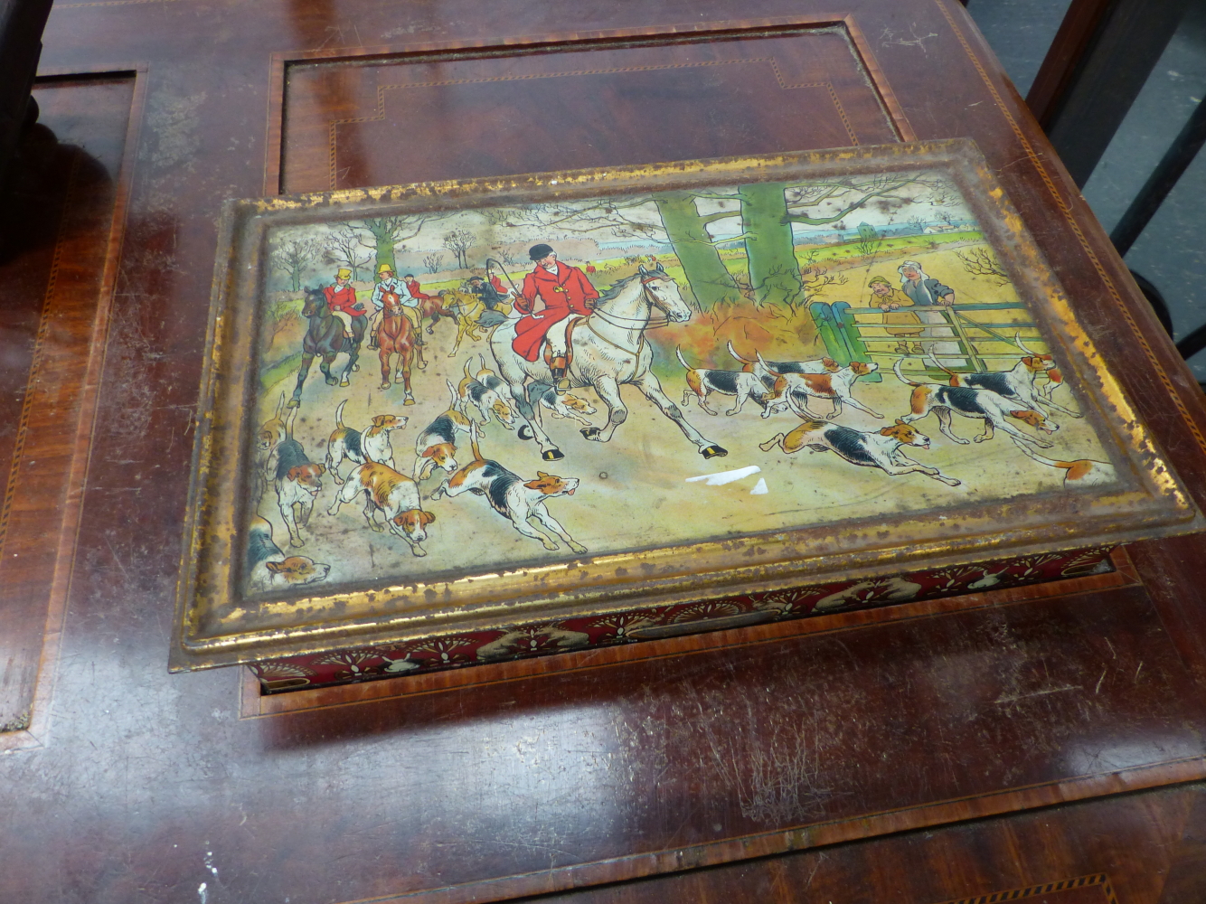 A 19th.C. MAHOGANY SLIDE TOP BOX CONTAINING DOMINOES, A RUSTIC OAK DESK STAND, A LEATHER BOUND - Image 7 of 9