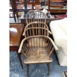 TWO OAK AND ELM WINDSOR CHAIRS WITH ROUND ARCH HOOPS SUPPORTING THE STICK BACKS AND FORMING THE ARMS