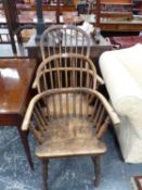 TWO OAK AND ELM WINDSOR CHAIRS WITH ROUND ARCH HOOPS SUPPORTING THE STICK BACKS AND FORMING THE ARMS