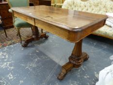 A GOOD Wm.IV.ROSEWOOD LIBRARY TABLE WITH TWO BLIND FRIEZE DRAWERS OVER SHAPED OCTAGONAL SUPPORTS.