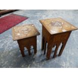TWO SIMILAR MIDDLE EASTERN INLAID WOOD AND MOTHER OF PEARL OCCASIONAL TABLES.