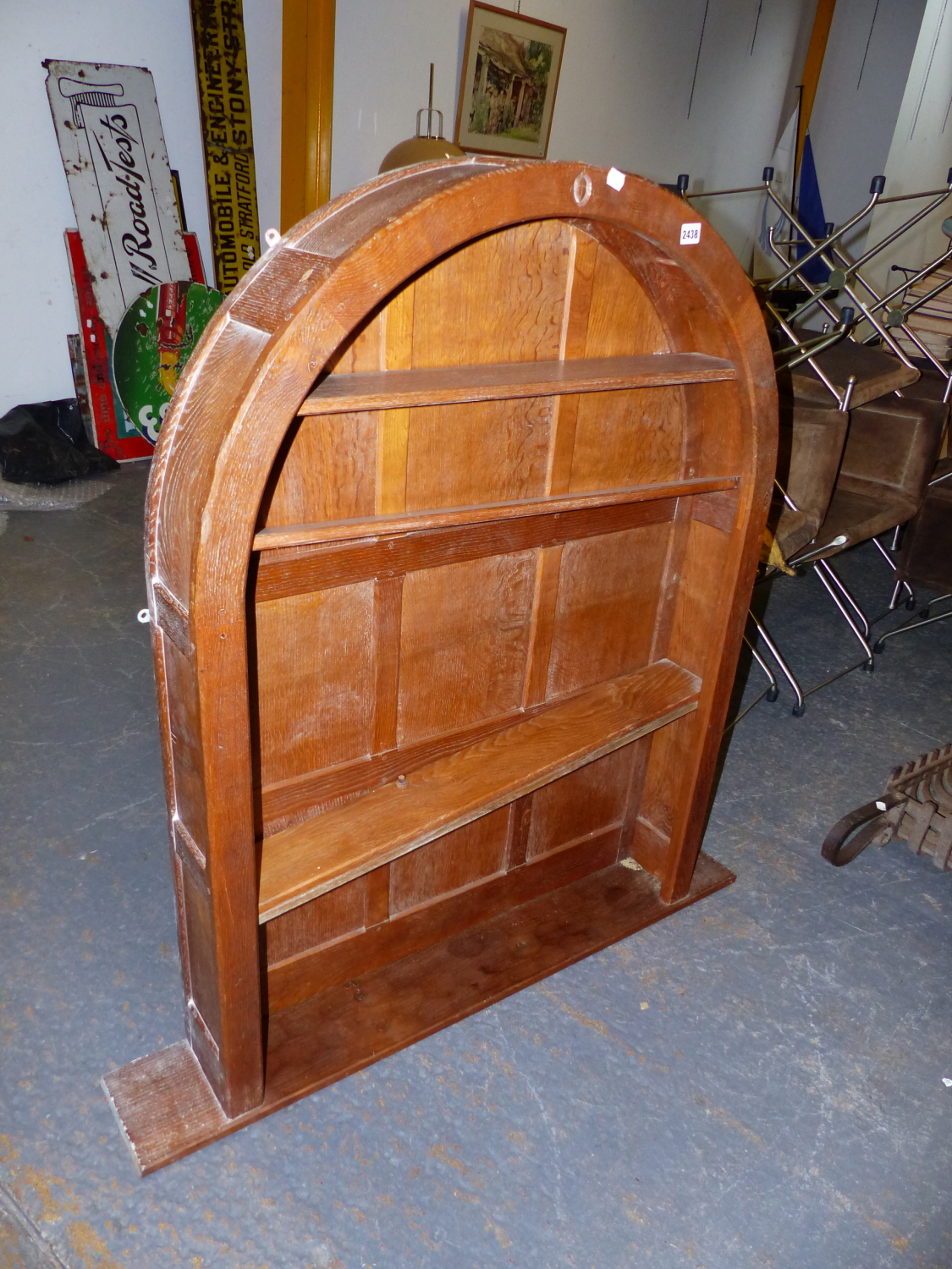AN ARTS AND CRAFTS ACORN MAN OAK PANEL BACK ARCHED TOP BOOKCASE WITH ADZE FINISH. W.93 x D.17 x H. - Image 2 of 14
