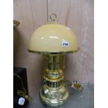 AN SS GRAND RIVER, ST LOUIS BRASS TABLE LAMP WITH DOMED OCHRE GLASS SHADE. H 53cms.