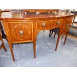 A GEORGIAN MAHOGANY BOW FRONT SIDEBOARD, THE THREE DRAWERS EDGED WITH SATIN WOOD BANDS AND WITH LION