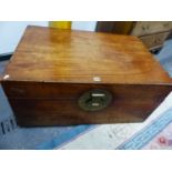 A CHINESE HARDWOOD TRUNK WITH BRASS HANDLES AND CIRCULAR LOCK PLATE. W 95 x D 62 x H 44.5cms.